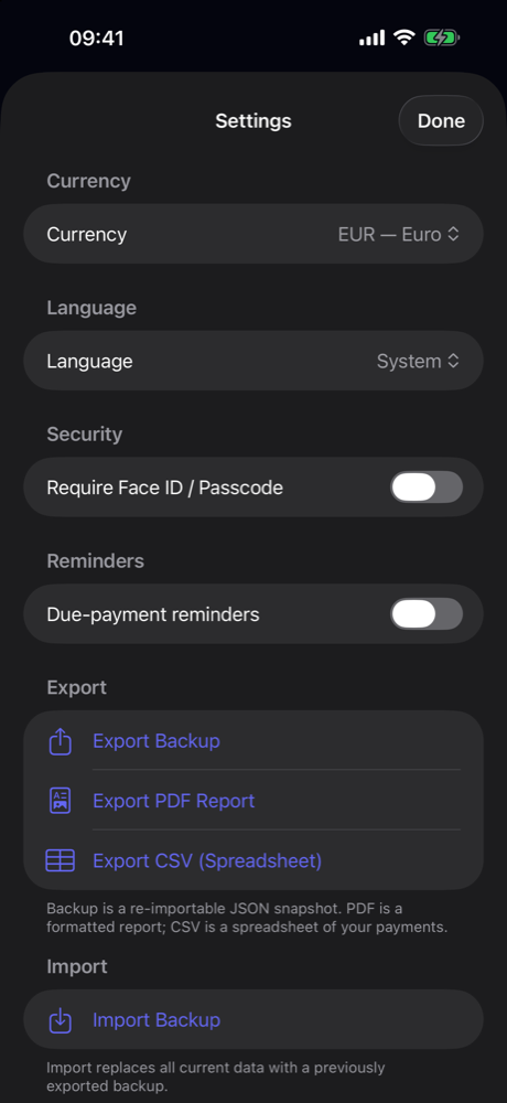 Spenta settings — currency, language, security, export